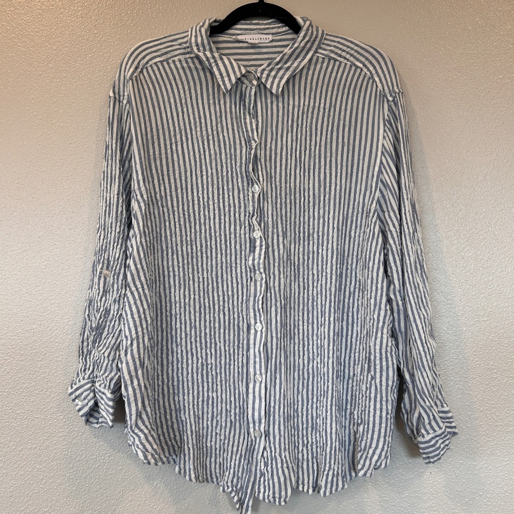 Jane + Delancey‎ Blue White Striped Crinkle Button Down Shirt Plus 2X Roll Tab
